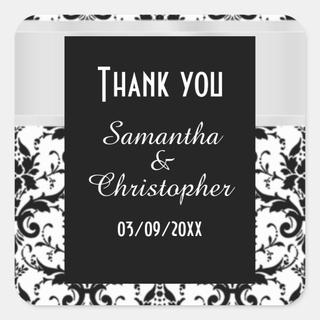 Pegatina Cuadrada damasco blanco y negro gracias (Anverso)