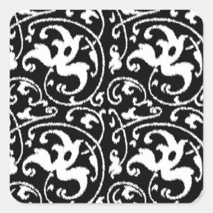 Pegatina Cuadrada Damasco con flores de Ikat - Blanco y negro
