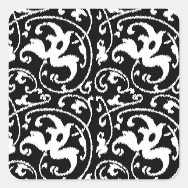 Pegatina Cuadrada Damasco con flores de Ikat - Blanco y negro (Anverso)
