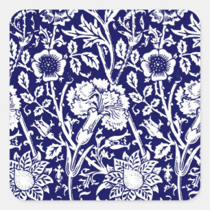 Pegatina Cuadrada Damasco de Clavel Art Nouveau, Azul Marino y Blanc
