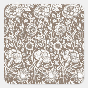 Pegatina Cuadrada Damasco de claveles de Art Nouveau, taúpe y blanco