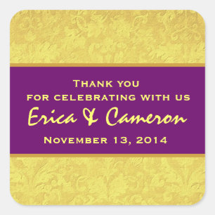 Pegatina Cuadrada Damasco de grunge morado amarillo Gracias Boda R31