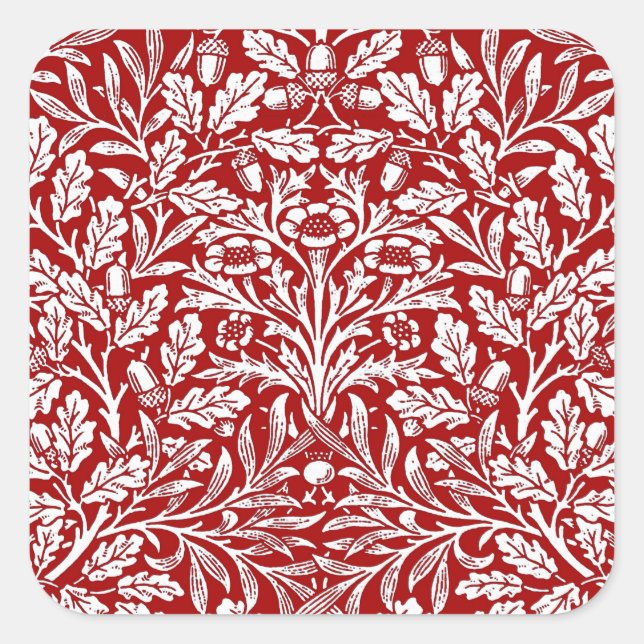 Pegatina Cuadrada Damasco floral modernista, rojo profundo y blanco (Anverso)