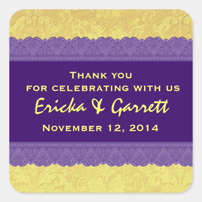 Pegatina Cuadrada Damasco morado y amarillo Gracias Boda R322 (Anverso)
