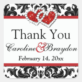Pegatina Cuadrada Damasco rojo blanco negro, corazón de 1.5" cuadrad