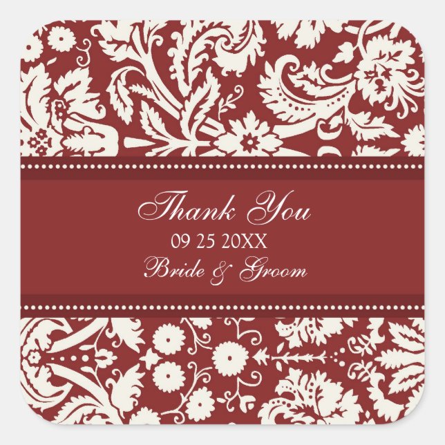 Pegatina Cuadrada Damasco Rojo Gracias Bolsas De Favor De La Boda (Anverso)