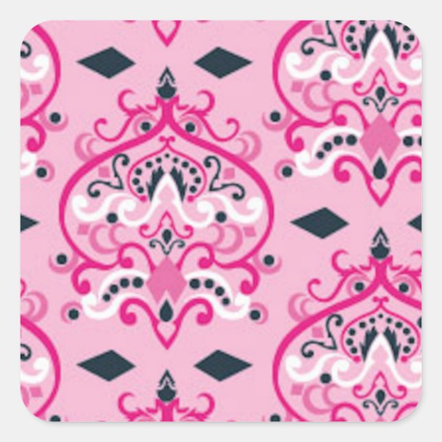 Pegatina Cuadrada Damasco rosa y negro (Anverso)