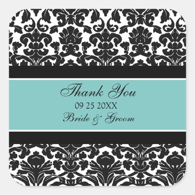 Pegatina Cuadrada Damasco verde azulado Gracias Bolsas De Favor De L (Anverso)