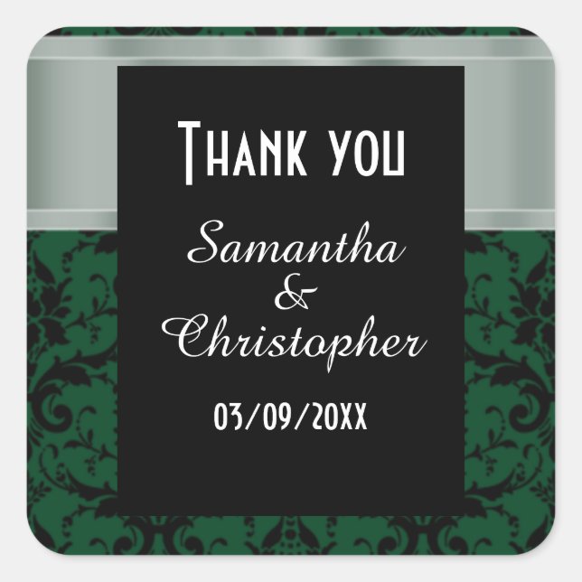 Pegatina Cuadrada damasco verde y negro gracias (Anverso)