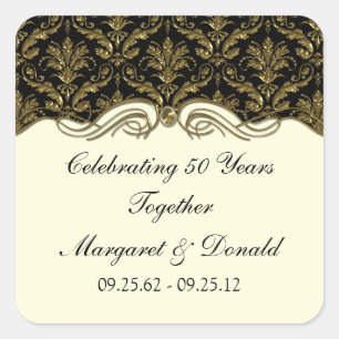 Pegatina Cuadrada Damask Antiguo Negro y Dorado 50 Aniversario