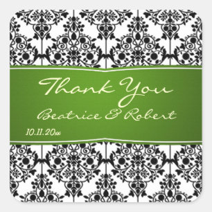Pegatina Cuadrada Damask negro, blanco y verde Boda Gracias