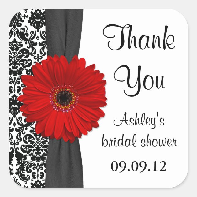 Pegatina Cuadrada Damask Red Daisy Boda Bridal Shower Gracias (Anverso)