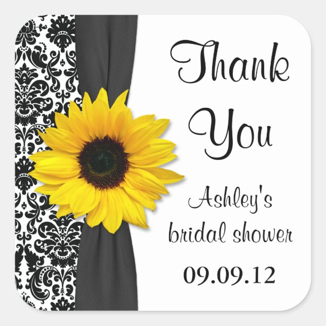 Pegatina Cuadrada Damask Sunflower Boda Bridal Shower (Anverso)