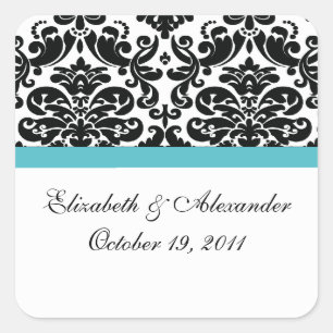 Pegatina Cuadrada Damask Turquoise Blue Bridal Shower Square Pegatin