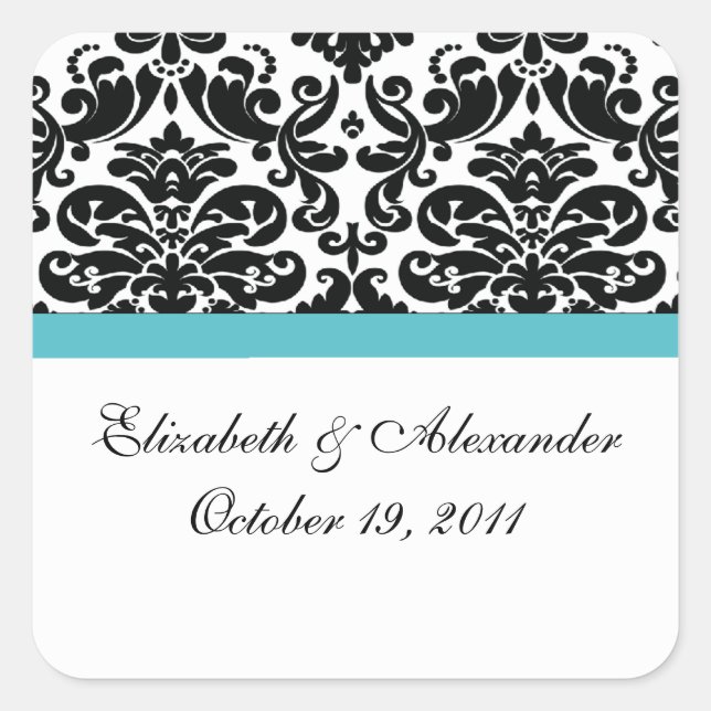 Pegatina Cuadrada Damask Turquoise Blue Bridal Shower Square Pegatin (Anverso)