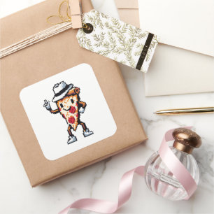 Pegatina Cuadrada Dancing Pizza Slice - Funny Pixel Art Food Design