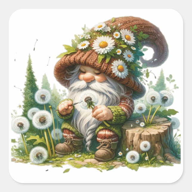 Pegatina Cuadrada Dandelion Floral Gnome (Anverso)