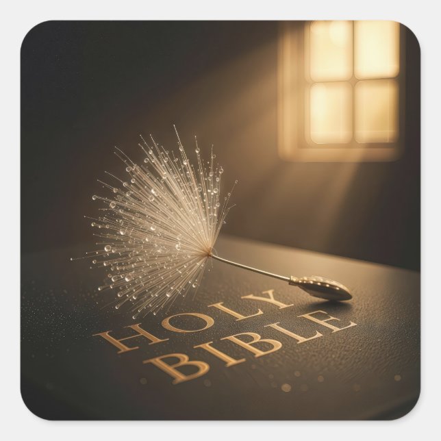 Pegatina Cuadrada Dandelion Seedling with Water Droplets on a Bible  (Anverso)