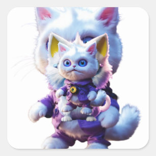 Pegatina Cuadrada Dando a conocer el enigmático Monstruo Gato Blanco