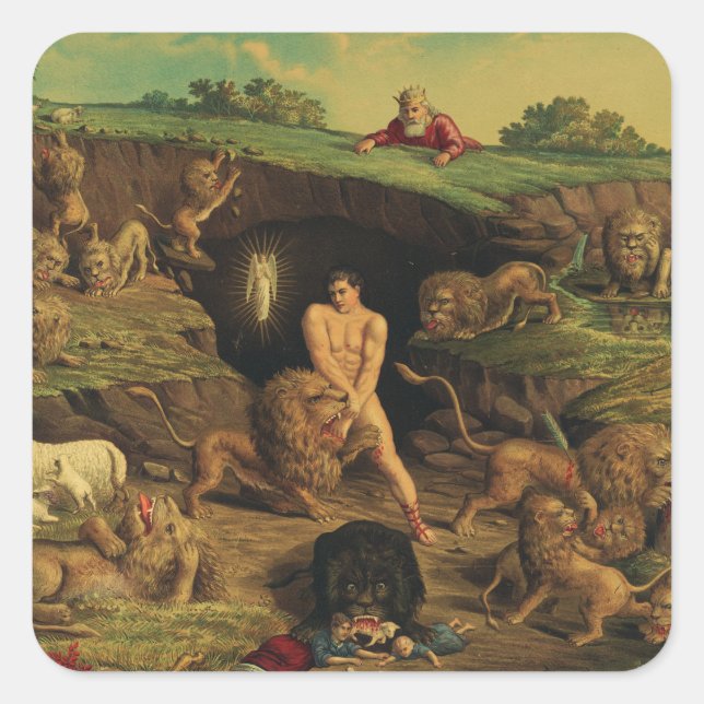Pegatina Cuadrada Daniel en el foso de los leones (Anverso)