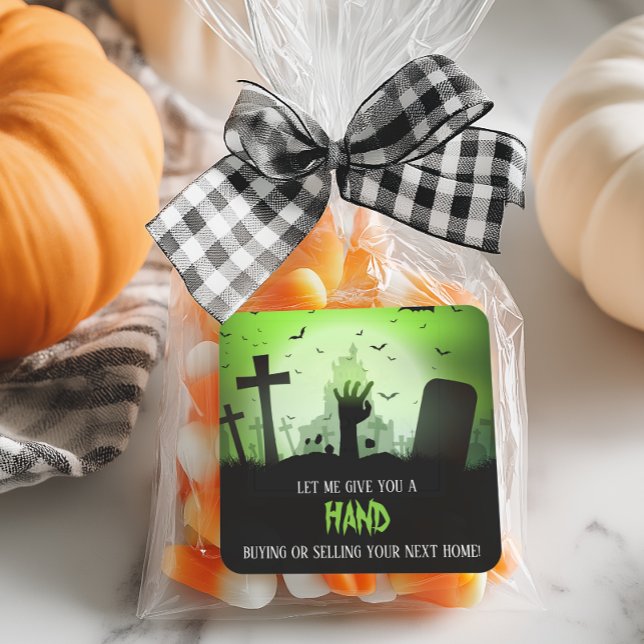 Pegatina Cuadrada Danos un pop hand de Halloween (A funny sticker for Halloween pop bys for business and real estate)