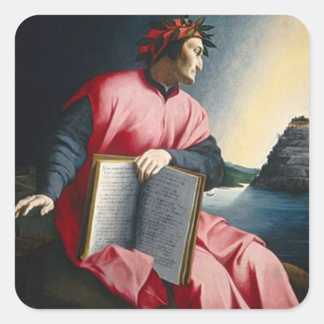 Pegatina Cuadrada Dante con libro- Purgatorio (Anverso)
