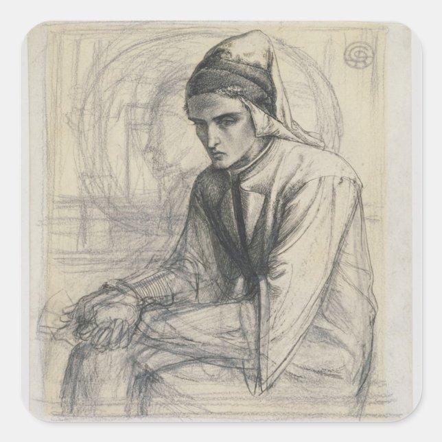 Pegatina Cuadrada Dante en meditación sosteniendo un granado, c.1852 (Anverso)