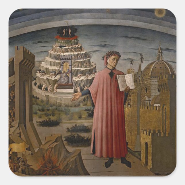 Pegatina Cuadrada Dante frente al Purgatorio del Monte (Anverso)