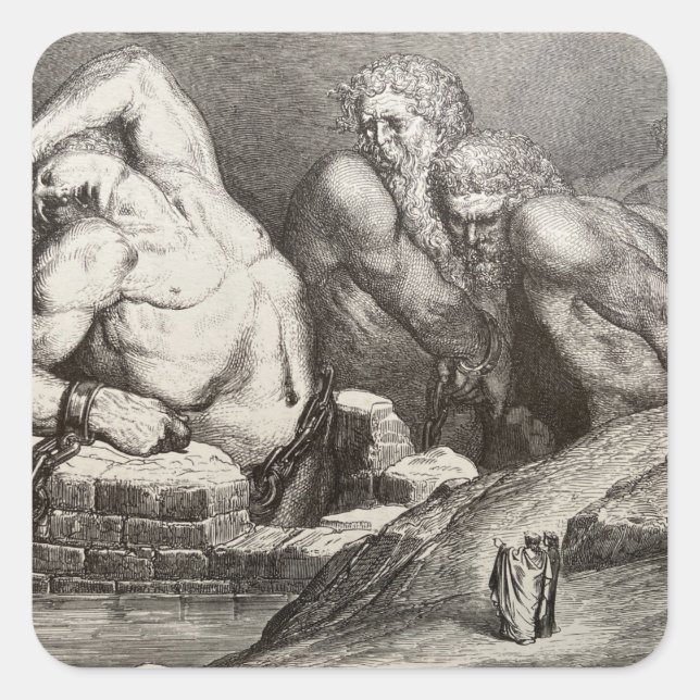 Pegatina Cuadrada Dante y Virgil ven a los gigantes en Inferno (Anverso)