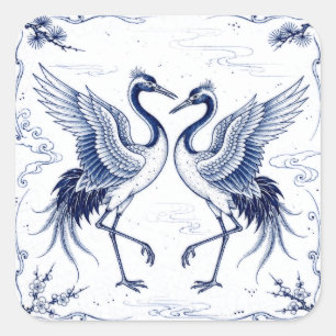 Pegatina Cuadrada Danza de grullas Estilo Imari japonés azul y blanc