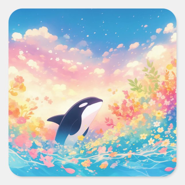Pegatina Cuadrada Danza de la Orca en Aguas Luminosas (Anverso)