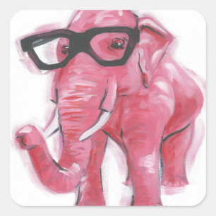 Pegatina Cuadrada Dapper Animal   Elefante Rosa En Lentes De Ojo