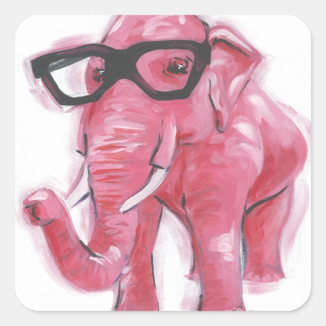 Pegatina Cuadrada Dapper Animal | Elefante Rosa En Lentes De Ojo (Anverso)
