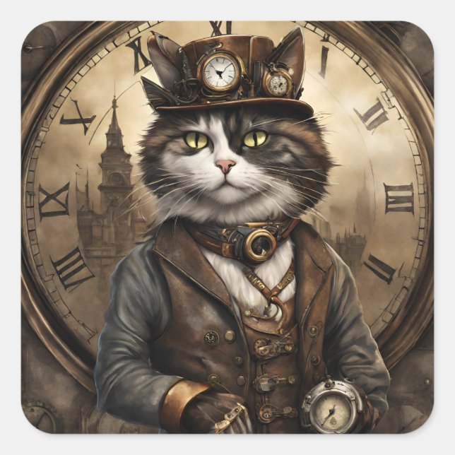 Pegatina Cuadrada Dapper Steampunk Calico Cat (Anverso)
