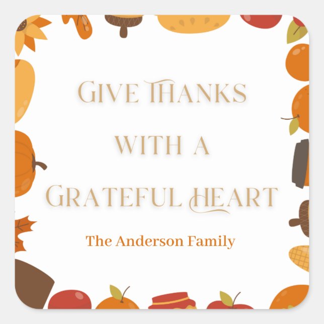Pegatina Cuadrada dar las gracias con un corazón agradecido (Anverso)