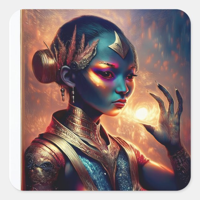 Pegatina Cuadrada Dark Alien Princess Poses With Fiery Background (Anverso)