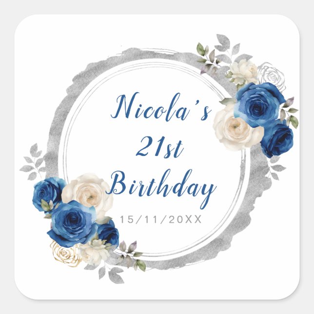 Pegatina Cuadrada Dark Blue Silver Elegant Flowday Party (Anverso)