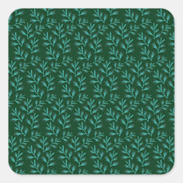Pegatina Cuadrada  Dark Green Background with Teal Botanical Leaves