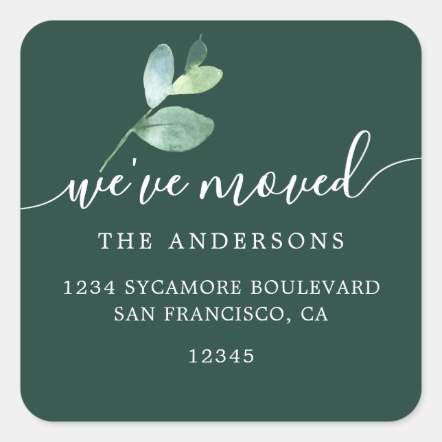Pegatina Cuadrada Dark Green Eucalyptus We’ve Moved New Address (Anverso)