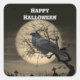 Pegatina Cuadrada Dark Halloween Raven en el árbol