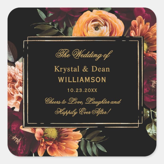 Pegatina Cuadrada Dark Moody Burgundy Orange Rust Floral Wedding (Anverso)