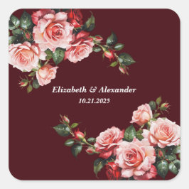 Pegatina Cuadrada Dark moody pink and red roses maroon wedding
