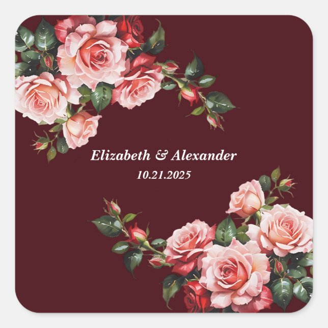 Pegatina Cuadrada Dark moody pink and red roses maroon wedding (Anverso)