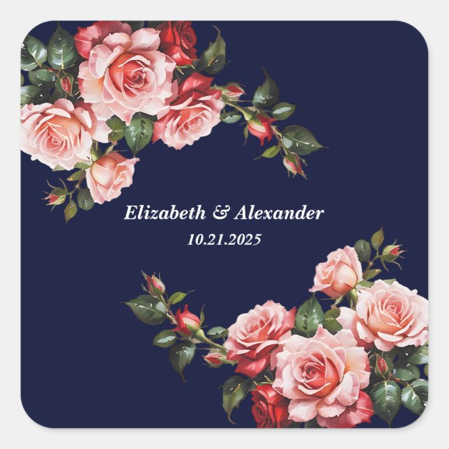 Pegatina Cuadrada Dark moody pink and red roses navy blue wedding (Anverso)