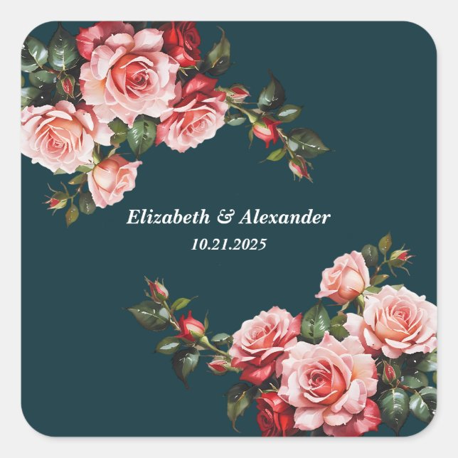 Pegatina Cuadrada Dark moody pink and red roses teal wedding (Anverso)