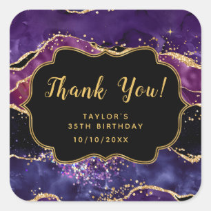 Pegatina Cuadrada Dark Purple Gold Sequins Agly Birthday Gracias