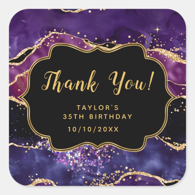 Pegatina Cuadrada Dark Purple Gold Sequins Agly Birthday Gracias (Anverso)