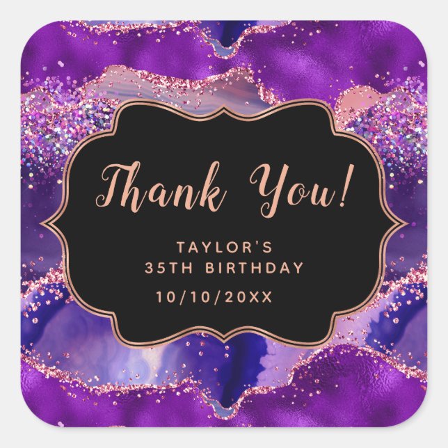 Pegatina Cuadrada Dark Purple Pink Sequins Agly Birthday Gracias (Anverso)