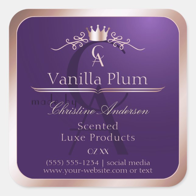 Pegatina Cuadrada Dark Purple Product Label Rose Gold Frame Monogram (Anverso)