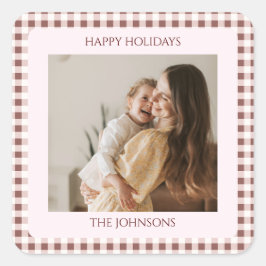 Pegatina Cuadrada Dark Red Gingham Plaid Custom Photo Greeting